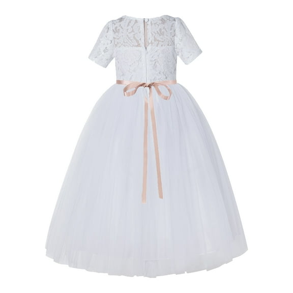 White Floral Lace Flower Girl Dress for Church Communion Baptism LG2R1