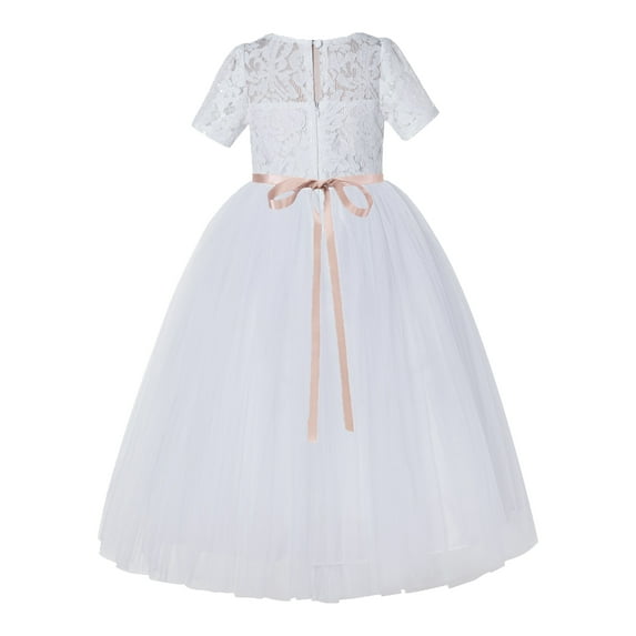 White Floral Lace Flower Girl Dress for Church Communion Baptism LG2R1