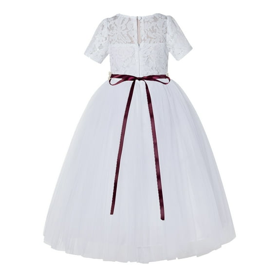 White Floral Lace Formal Flower Girl Dress Elegant Princess Gown LG2R2