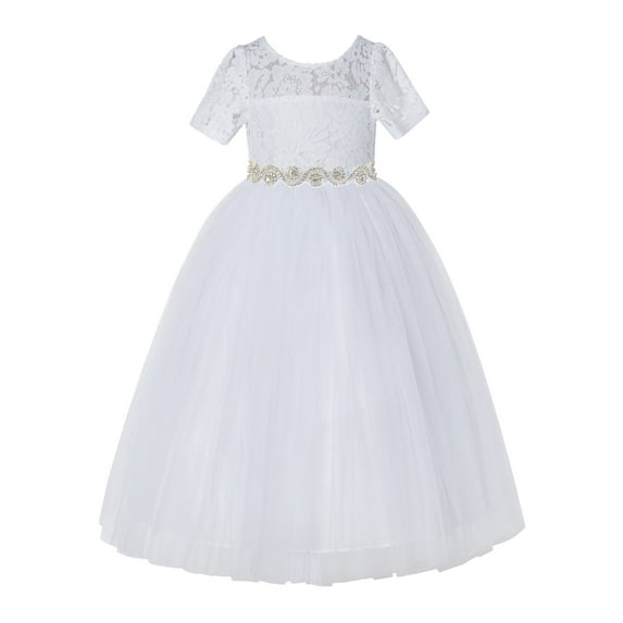 White Floral Lace Formal Flower Girl Dress Elegant Princess Gown LG2R2