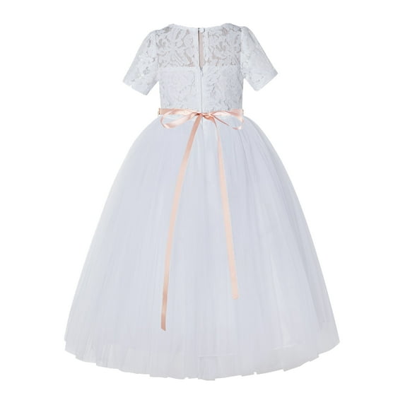 White Floral Lace Formal Flower Girl Dress Elegant Princess Gown LG2R2