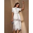 thumbnail image 1 of White Floral Lace High Neck Short Sleeve Sheath Midi Dress, 1 of 30