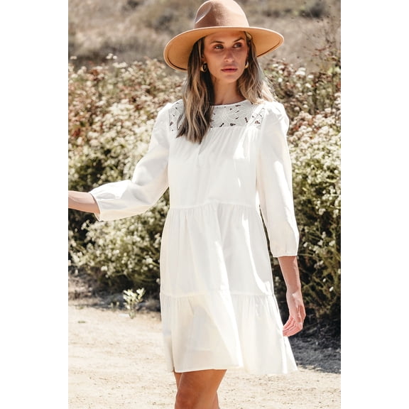 White Floral Lace Patchwork Bracelet Sleeve Tiered Mini Dress