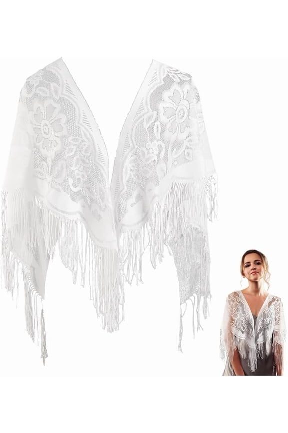 White Floral Lace Shawl Wrap Tassel Fringe Triangle Lace Shawls and Wraps Flower Pattern Hollow Solid Mesh Soft Summer Scarf
