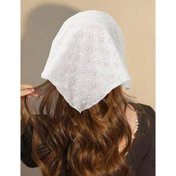 White Floral Lace Triangle Head Scarf for Women, Lightweight Boho Head Wrap, Hair Cover, Headband Accessory - Soft Stretchy Fabric