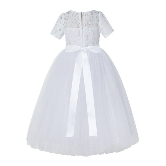 White Floral Lace Tulle Flower Girl Dress Junior Ceremonial Gown LG2R
