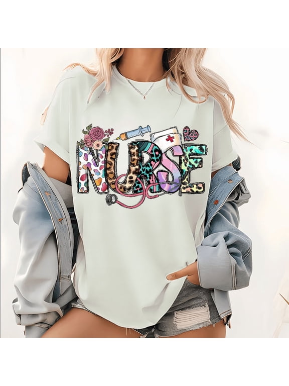 White Floral Leopard Nurse Medical Graphic Tees Print Tshirt Women Shirts S-5XL Cotton Casual Tops