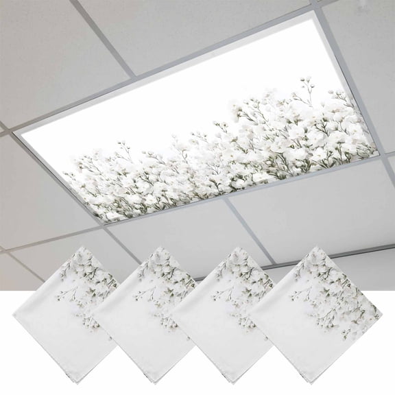 White Floral Magnetic Fluorescent Light Covers for Ceiling Lights 2x4Ft, Vintage Botanicals Blossom Motif Spring Office Classroom Kitchen Drop Ceiling Light Covers Lighting Filters Shade Panel 4Packs