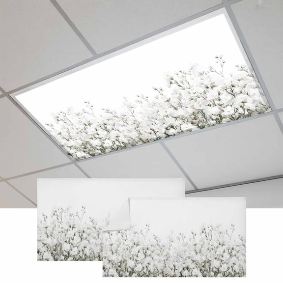 White Floral Magnetic Fluorescent Light Covers for Ceiling Lights 2x4Ft, Vintage Botanicals Blossom Motif Spring Office Classroom Kitchen Drop Ceiling Light Covers Lighting Filters Shade Panel 2Packs