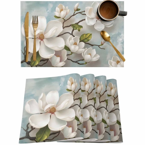 White Floral Magnolia Leaf Placemats Set of 4,Wipeable Washable Table Mats for Dining Tables,Farmhouse Classic Flower Place Mats for Kitchen Event Party Tabletop Decor