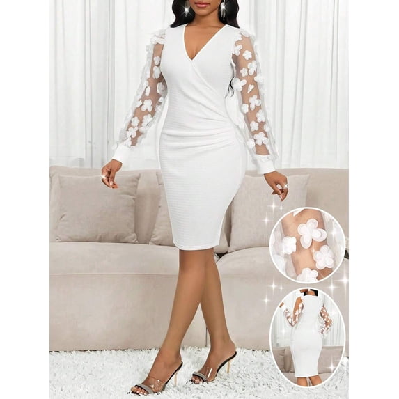 White Floral Mesh Sleeve Ruched V-Neck Fitted Midi Dress For Women