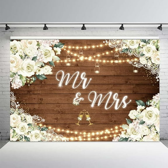 White Floral Mr & Mrs Engagement Decorations Backdrop Couples Wedding Wooden Background Bride and Groom Engaged Ceremony Anniversary Bridal Shower Party Supplies Photobooth Props