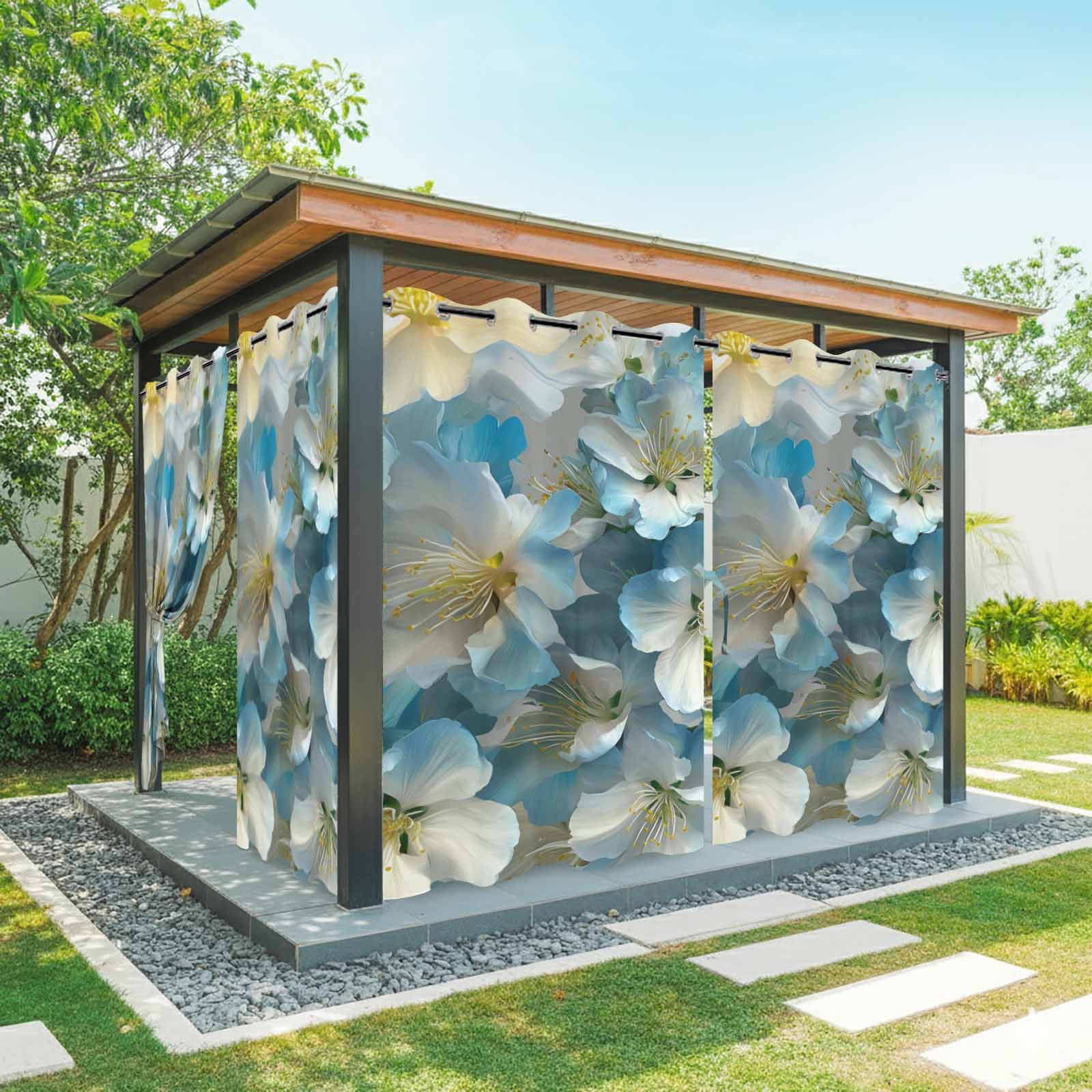 White Floral Outdoor Curtains for Patio, Modern Minimalist White Blue Cherry Blossom Sunshade Privacy Drapes Grommet Waterproof Outside Curtains for Porch/Cabana/Balcony 54"x 108", 1 Panel