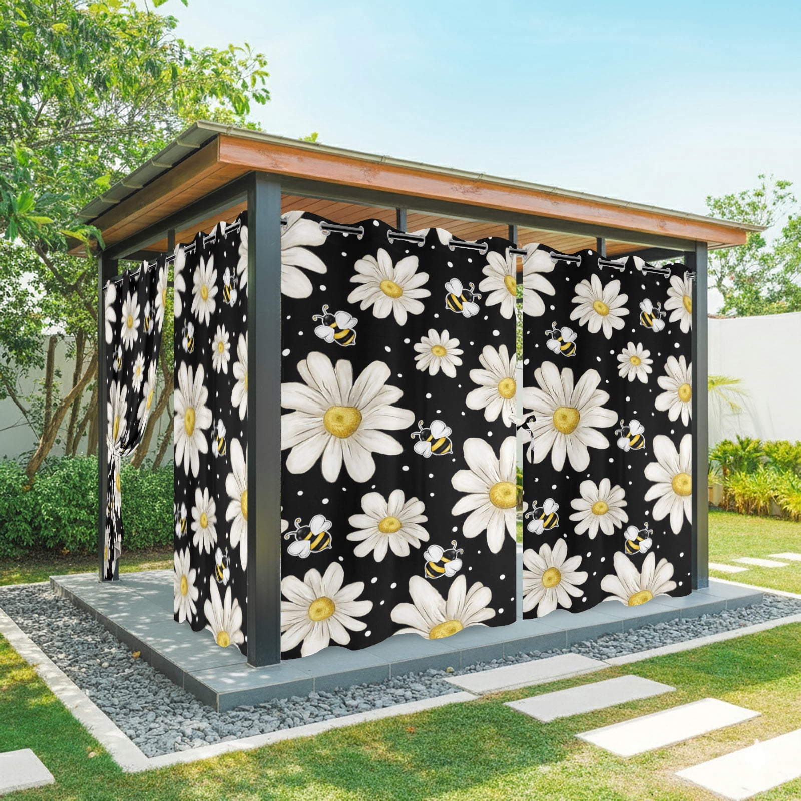 White Floral Outdoor Curtains for Patio, Vintage Daisy Farmhouse Bee Rustic Plant Summer Black Sunshade Privacy Drapes Grommet Waterproof Outside Curtains for Porch/Cabana/Balcony 54"x 108", 1 Panel