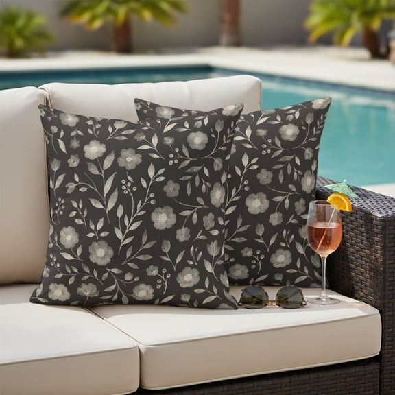 White Floral Outdoor Throw Pillow Covers Set of 2, Small Flower Leaf Botanical Muted Gray Linen Texture Waterproof Pillow Covers Protectors with Hidden Zipper for Garden Couch Bench 26x26in