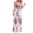 thumbnail image 1 of White Floral Pattern Sashes Draped 3/4 Sleeve Deep V-neck Women's Wrap Bohemian Maxi Dress L, 1 of 5