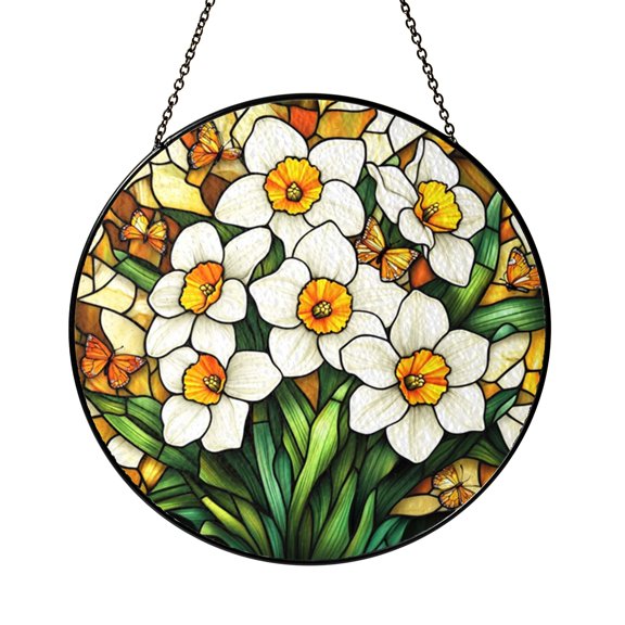 White Floral Pattern Window Hanging – Stained Glass Style Decorative Art