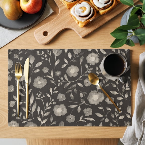 White Floral Placemats Set of 1 Small Flower Leaf Botanical Muted Gray Linen Texture Heat Insulation Non-Slip Place Mats Washable Table Mats for Dining room Party Kitchen Decor, 13 x 19 Inches