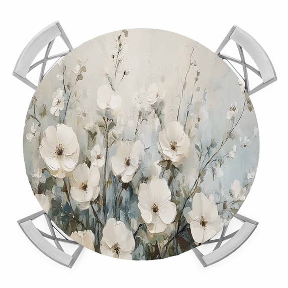 White Floral Plant Elastic Fitted Round Table Cover Leaf Oil Painting Waterproof Outdoor Tablecloth for Holiday Party, Picnic, Patio & Dining Fits Tables Up to 55"-60"