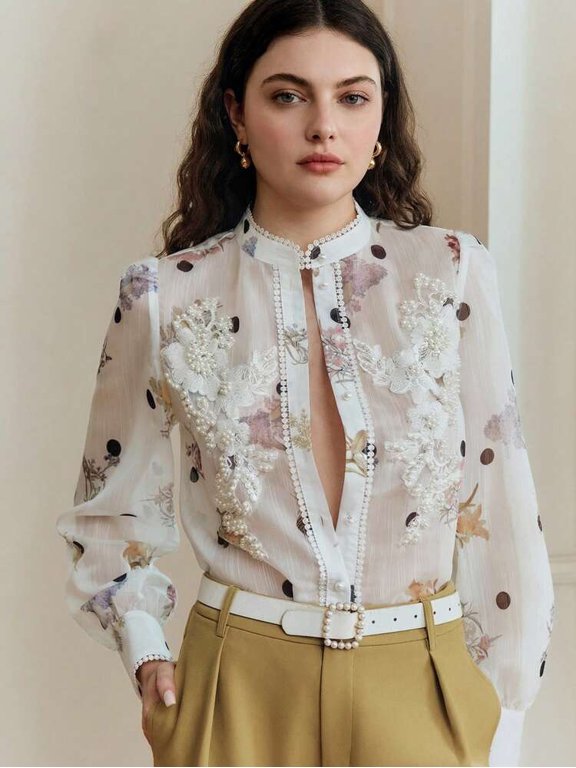 White Floral Print Blouse with Pearl Embellishments and Mandarin Collar