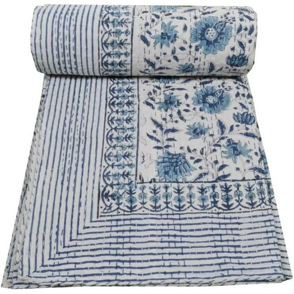 White Floral Print Kantha Quilt King Size Quilt King Bedspread Kantha Blanket Indian Quilt Cotton Quilt Queen Size Bed Cover