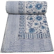 White Floral Print Kantha Quilt King Size Quilt King Bedspread Kantha Blanket Indian Quilt Cotton Quilt Queen Size Bed Cover