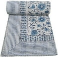 White Floral Print Kantha Quilt Twin Size Quilt King Bedspread Kantha