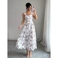 thumbnail image 1 of White Floral Print Waist-Gathering Pleated A-Line Maxi Dress For Women, 1 of 8