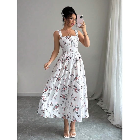 White Floral Print Waist-Gathering Pleated A-Line Maxi Dress For Women
