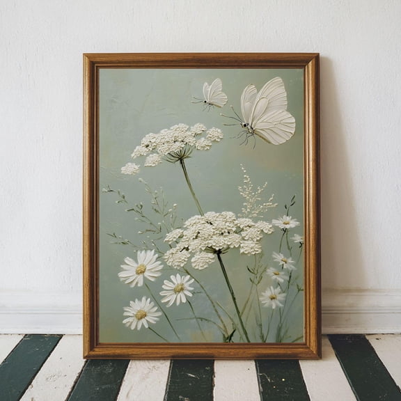 White Floral Printable Sage Green Wall Art, Moody Wildflower Print, Flower and Butterfly Art Print, Cottage Core Flower Botanical Wall Decor, Size 24x36 UNFFRAMED F03.1.5l1310