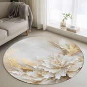 White Floral Round Area Rug 4ft, Modern Abstact Oil Painting Flower Cream Gold Washable Non-Slip Circle Rugs for Bedroom Living Room Kitchen, Soft Non Shedding Circle Carpet for Dining Room Dorm