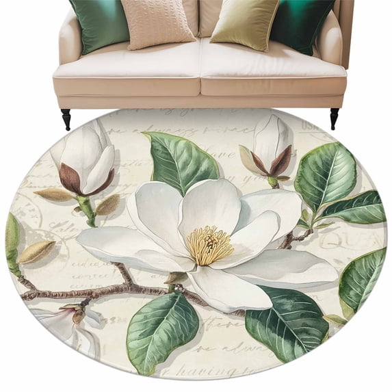 White Floral Round Area Rug 7ft Magnolia Bud Green Leaf Non-Slip Washable Circle Rugs Soft Felt Indoor Floor Mat for Bedroom Kitchen Living Room Bathroom