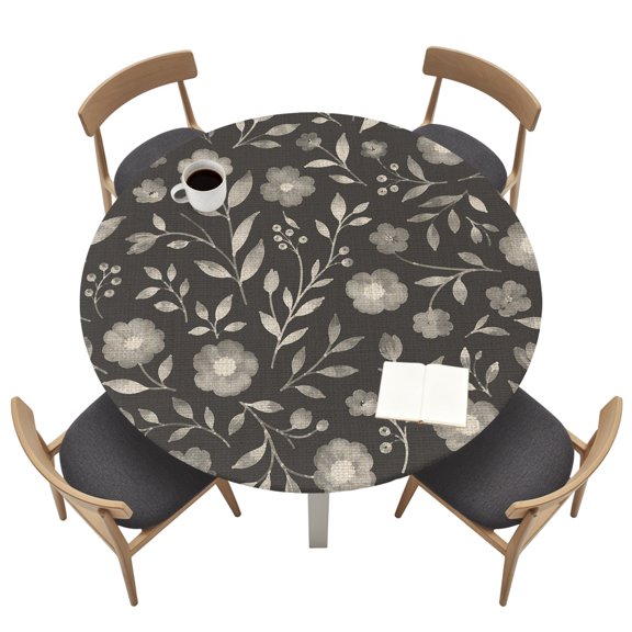 White Floral Round Fitted Table Cover Small Flower Leaf Botanical Muted Gray Linen Texture Waterproof Table Cloth with Elastic Edge Wipeable Tablecloth for Picnic Camping Party Fits 55"-60" Tables