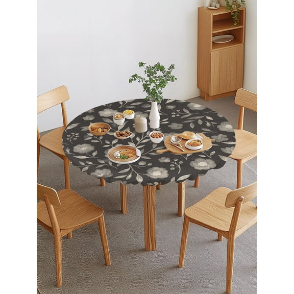 White Floral Round Fitted Tablecloth with Elastic Edge, Small Flower Leaf Botanical Muted Gray Linen Texture Waterproof Stretch Table Covers for 55"-60" Tables Wipeable Table Cloth for Outdoor
