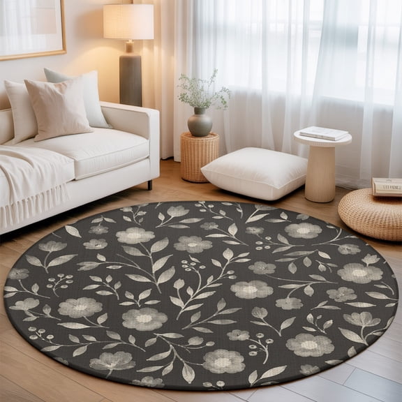 White Floral Round Living Room Rugs 6 ft, Small Flower Leaf Botanical Muted Gray Linen Texture Washable Area Rug with Non-Slip Sturdy Edge Binding Round Carpet for Kitchen Office Bedroom
