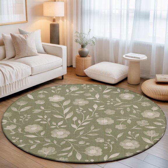 White Floral Round Living Room Rugs 7 ft, Small Flower Leaf Botanical Sage Green Linen Texture Washable Area Rug with Non-Slip Sturdy Edge Binding Round Carpet for Kitchen Office Bedroom