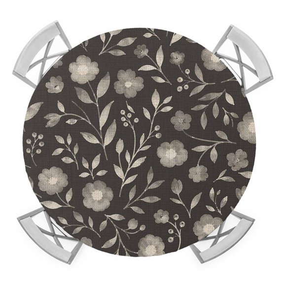 White Floral Round Table Cover, Small Flower Leaf Botanical Muted Gray Linen Texture Waterproof Fitted Tablecloths for 45"-54" Tables, Washable Picnic Table Cover for Camping Dining Indoor Outdoor