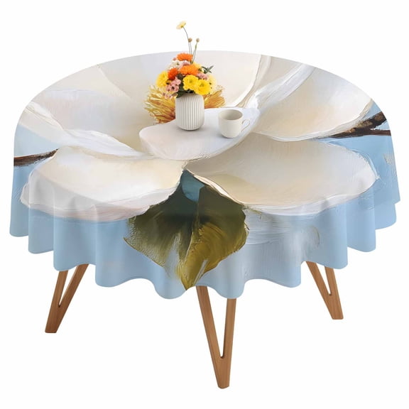 White Floral Round Tablecloth 54 inches Magnolia Leaf Plant Blue Background Waterproof Oil-Proof Table Cloth Round Table Cover for Holiday Party Picnic Dinner Decor Indoor and Outdoor Use