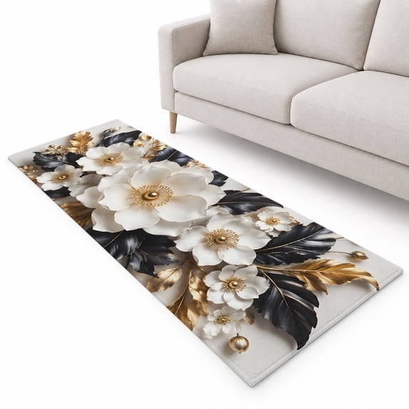 White Floral Runner Rug 2.6'x8', Modern Elegant Botanical Flowers Black ...