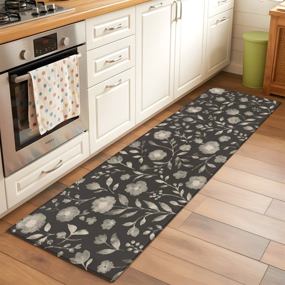 White Floral Runner Rug Non Slip 2x6 Small Flower Leaf Botanical Muted Gray Linen Texture Washable Rug Runner for Hallways Low Pile Kitchen Rugs Stain Resist Carpet for Bathroom Bedroom Entryway