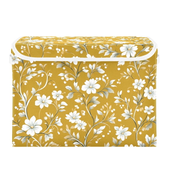White Floral Seamless Pattern Large Storage Bins with Linen Collapsible Lid Storage Box 16.7 x 12.6 x 11.8in