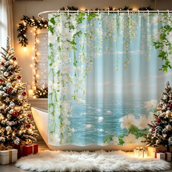 White Floral Seascape Printed Shower Curtain (70.8x70.8inch), White Bloom Mix Seaside Scenery Simple Poolside Bathroom Accessory