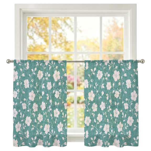 White Floral Sheer Curtains 45 Inches Long 2 Panels, Rustic Flower Green Bud Slender Sprig Vine Textured Semi Sheer Rod Pocket Window Curtains Light Filtering Drapes for Living Room Bedroom