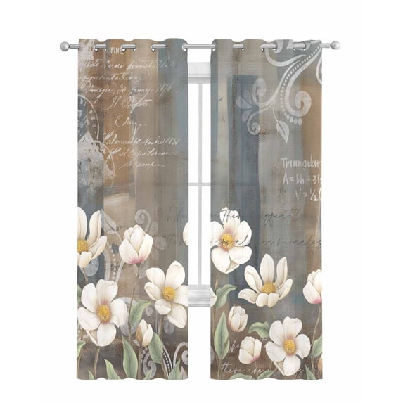 White Floral Sheer Curtains 63 Inch Length 2 Panels Set for Living Room/Bedroom, Spring Farmhouse Vintage Flower Leaf Plant Kitchen Curtains Grommet Semi-Sheer Curtains Window Treatments 42"x63"x2