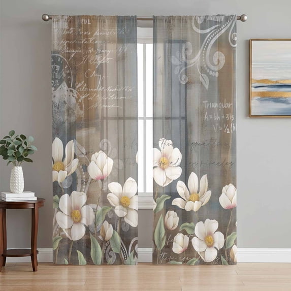 White Floral Sheer Curtains 72 Inch Length 2 Panels Set, Spring Farmhouse Vintage Flower Leaf Plant Voile Window Treatment Rod Pocket Curtains Sheers Drapes for Bedroom/Living Room/Kitchen 52"x72"x2