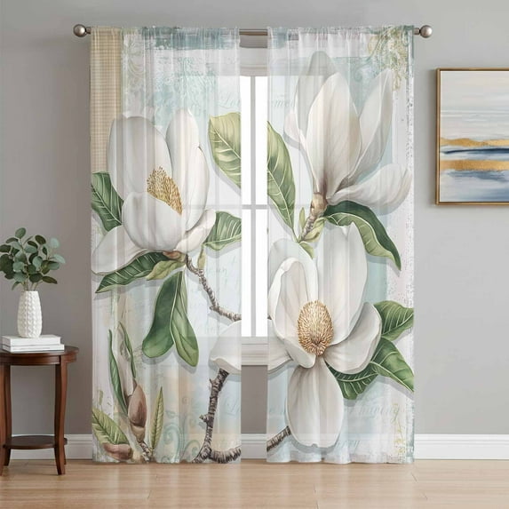 White Floral Sheer Curtains 84 Inch Length 2 Panels Set, Pastoral Farmhouse Magnolia Flowers Leaves Voile Window Treatment Rod Pocket Curtains Sheers Drapes for Bedroom/Living Room/Kitchen 52"x84"x2