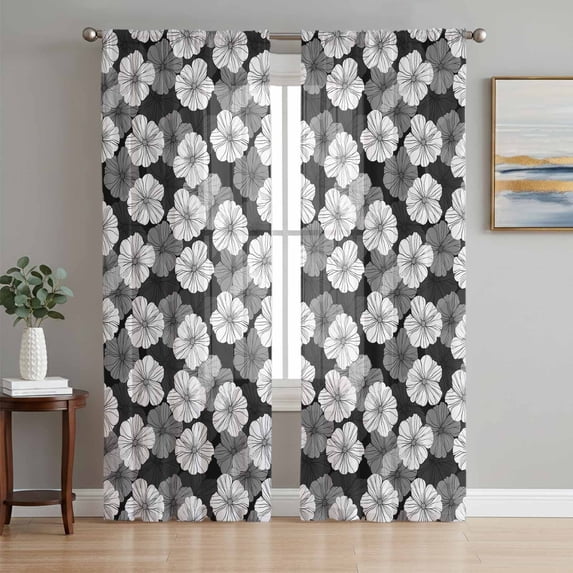 White Floral Sheer Curtains 96 Inch Length 2 Panels Set, Vintage Country Pastoral Flowers Plants Voile Window Treatment Semi Sheer Long Curtains Drapes for Bedroom/Living Room/Kitchen 52"x96"x2