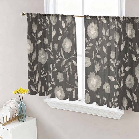 White Floral Sheer Curtains for Living Room Bedroom, Small Flower Leaf Botanical Muted Gray Linen Texture Light Filtering Sheer Curtain Rod Pocket Voile Window Treaments Drapes, 52 x 45 Inches