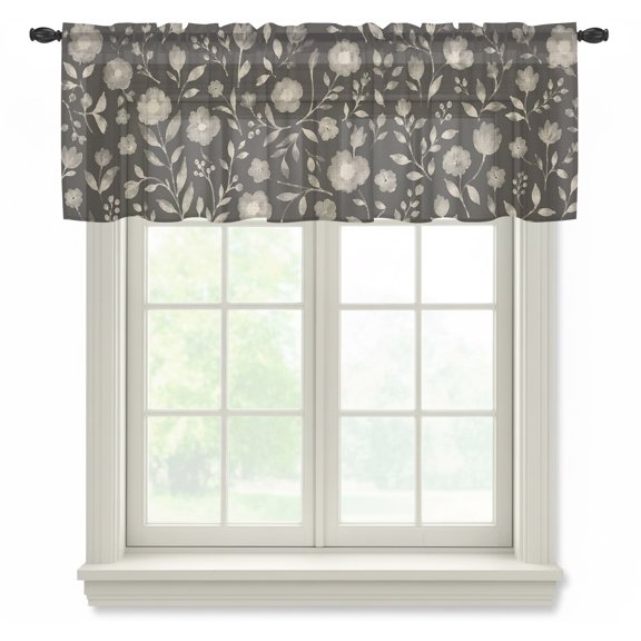 White Floral Sheer Valances for Windows, Small Flower Leaf Botanical Muted Gray Linen Texture Semi Sheer Kitchen Valance Rod Pocket Small Voile Window Curtains for Living Room Bedroom 60 x 18 Inch
