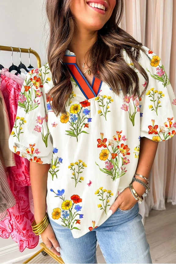 White Floral Short Puff Sleeve Contrast V Neck Print Boho Daily Blouse